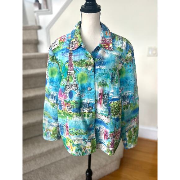 Vintage Coldwater Creek Linen Parisian Eiffel Tower Print Aqua Blue Jacket - Picture 1 of 6